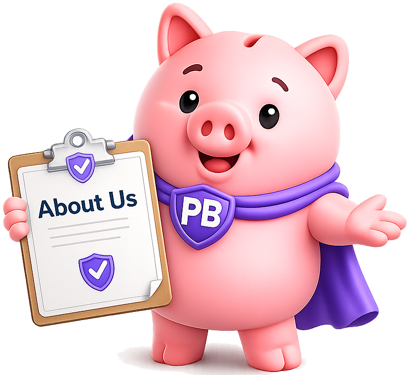 The PiggyBank mascot holding a clipboard that reads &ldquo;About Us&rdquo;.