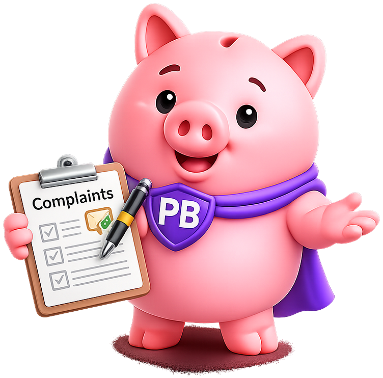 The PiggyBank mascot holding a clipboard that reads &ldquo;Complaints&rdquo;, with a pen.