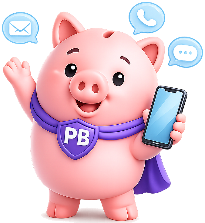 The PiggyBank mascot holding a phone, with email, call and message icons beside it.