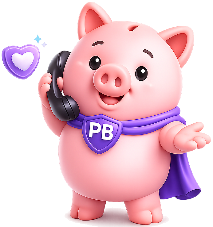 The PiggyBank mascot holding a telephone, with a heart beside it.