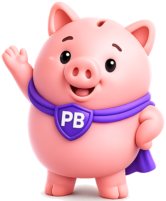The PiggyBank mascot, a friendly pink piggy bank wearing a purple sash with a PB badge, waving.